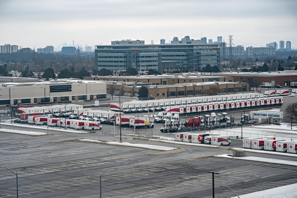 Canada Post Strike 2025: Small Business Survival Toolkit Visual Guide Stressed small business owner reviewing shipping alternatives during Canada Post strike 2025, with overlay of emergency strategies: local couriers, digital delivery options, and customer communication templates