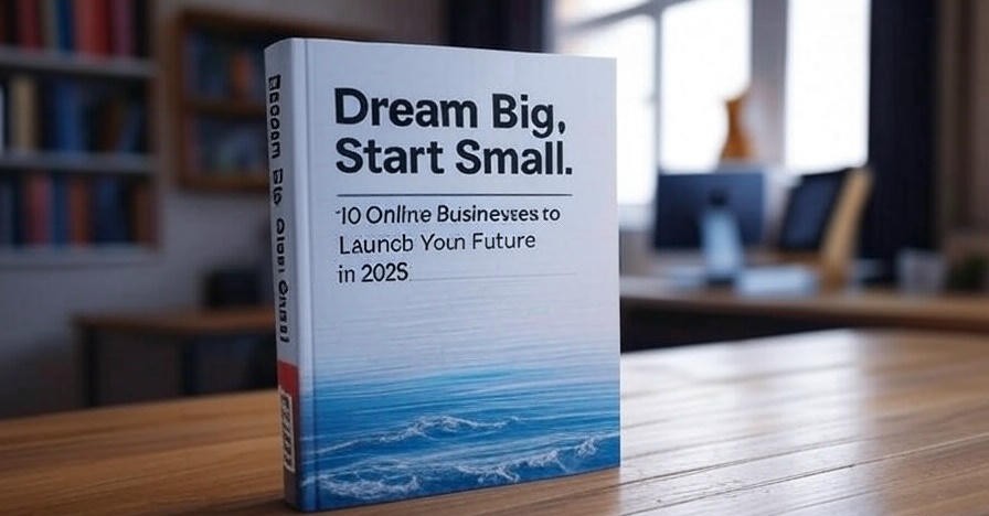 10 Future-Proof Online Businesses You Can Start Small in 2025 Person dreaming big while building small online business, with 10 digital business icons for 2025 opportunities