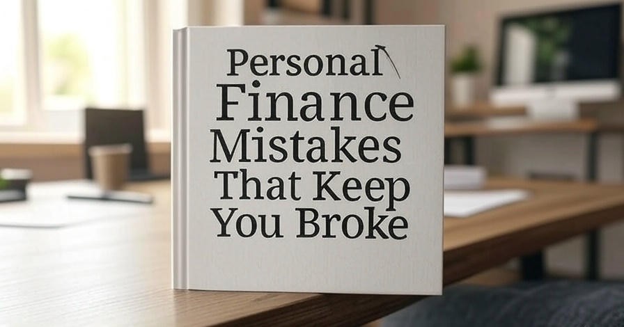 Common Financial Mistakes Causing Stress Person stressed over bills with common personal finance mistakes highlighted